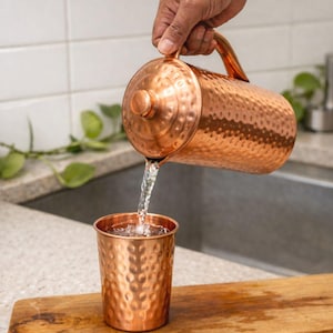 Pure Hammered Copper Jug with Glasses | 1.5L Copper Water Pitcher & 250ml Tumblers | Ayurvedic Drinking Water Set | Copper Gift Set