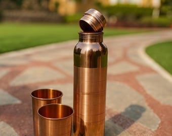 100% Pure Copper Bottle and Cup Set | Eco Friendly Drinkware for Detox Water Health Benefits Sustainable Home and Office Gift