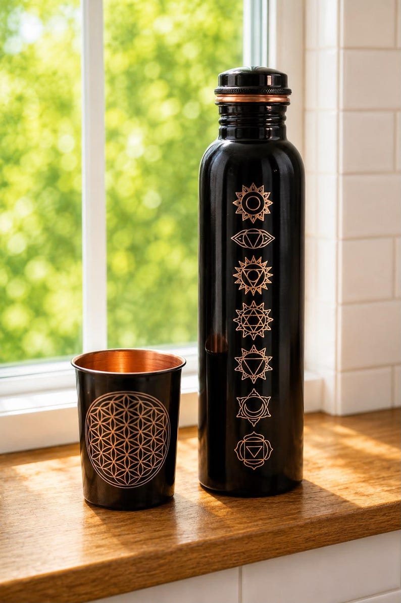 K&ouml;nnte beinhalten: Eine schwarze Metallwasserflasche mit kupferfarbenem Verschluss und sieben vertikalen Chakrasymbolen in Kupfer. Daneben steht ein passender schwarzer Metallbecher mit kupferfarbenem Inneren und einem geometrischen Blume-des-Lebens-Muster in Kupfer.