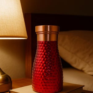 Op de afbeelding: Een rode, getextureerde waterfles met een koperkleurige boven- en onderkant staat op een boek. De fles heeft een gehamerde uitstraling. Links staat een messing lamp met een beige lampenkap. De achtergrond omvat een bed en een nachtkastje.