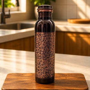K&ouml;nnte beinhalten: Eine zylindrische Wasserflasche aus Kupfer mit dunkler, polierter Oberfl&auml;che und einem komplexen, ge&auml;tzten Blumenmuster im unteren Bereich. Die Flasche hat einen schmalen Hals, eine glatte Schulter und einen passenden Metalldeckel mit geriffeltem Rand.