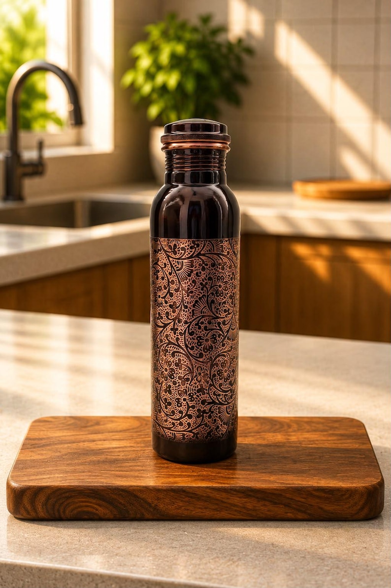 K&ouml;nnte beinhalten: Eine zylindrische Wasserflasche aus Kupfer mit dunkler, polierter Oberfl&auml;che und einem komplexen, ge&auml;tzten Blumenmuster im unteren Bereich. Die Flasche hat einen schmalen Hals, eine glatte Schulter und einen passenden Metalldeckel mit geriffeltem Rand.