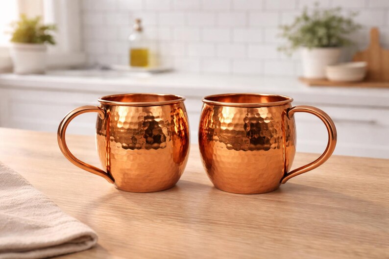 May include: Two copper Moscow Mule mugs with hammered texture and curved handles sit on a wooden surface. The mugs have a shiny, reflective finish. The background includes a kitchen setting with white tile and plants.