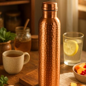 Puede incluir: Una botella de agua de color cobre con una superficie texturizada y con hoyuelos se encuentra sobre una superficie de madera. Una taza de t&eacute;, un vaso de agua con lim&oacute;n y un cuenco peque&ntilde;o con fruta tambi&eacute;n est&aacute;n sobre la mesa. La botella mide unos 25 cm de alto.