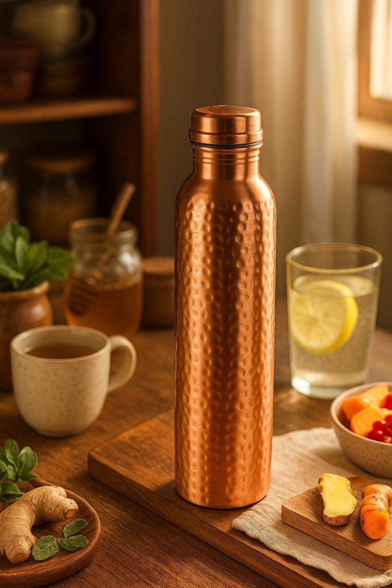 Puede incluir: Una botella de agua de color cobre con una superficie texturizada y con hoyuelos se encuentra sobre una superficie de madera. Una taza de t&eacute;, un vaso de agua con lim&oacute;n y un cuenco peque&ntilde;o con fruta tambi&eacute;n est&aacute;n sobre la mesa. La botella mide unos 25 cm de alto.