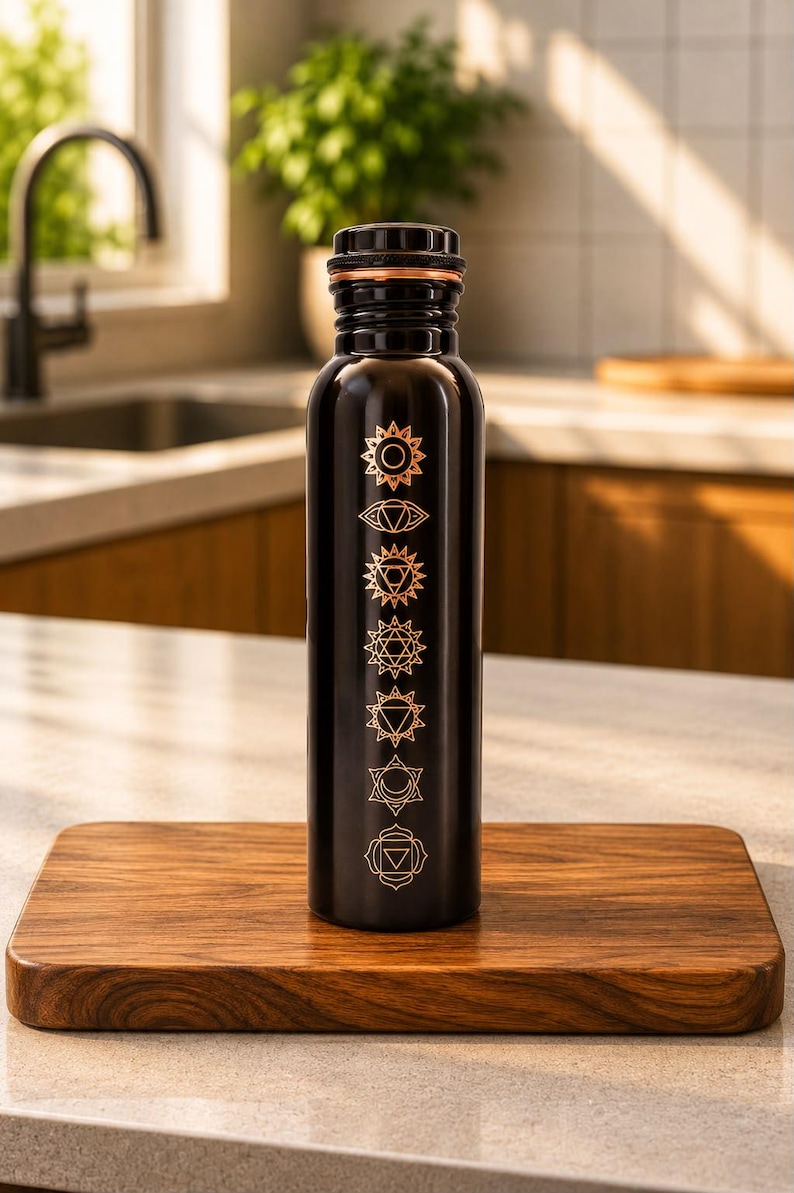 K&ouml;nnte beinhalten: Eine schwarze, zylindrische Wasserflasche mit sieben vertikal angeordneten, kupferfarbenen Chakra-Symbolen. Die Flasche hat eine glatte Oberfl&auml;che und einen metallisch kupferfarbenen Rand am Schraubverschluss, der ebenfalls schwarz und geriffelt ist.