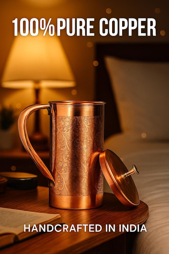 Pure Copper Jug with Lid Water Carafe 50.7 OZ Pitcher & Engraved Floral Design Copper Water Pitcher 1.5L Ayurvedic Hydration Copper Gift Set