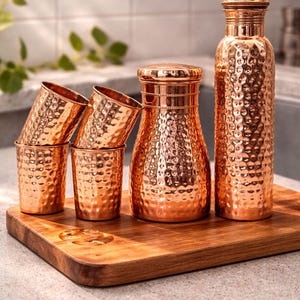 Ayurveda 100% Pure Hammered Copper Water Bottle 1 Liter Handmade Texture Copper Bottle for Drinking Water Copper Carafe for Health Benefits