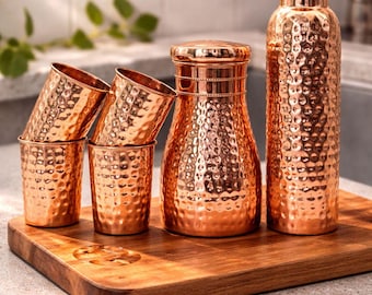 Ayurveda 100% Pure Hammered Copper Water Bottle 1 Liter Handmade Texture Copper Bottle for Drinking Water Copper Carafe for Health Benefits