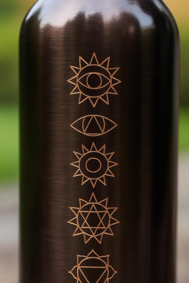 K&ouml;nnte beinhalten: Eine dunkelbraune Metallwasserflasche mit einer vertikalen Reihe aus f&uuml;nf eingravierten Symbolen. Die Motive zeigen ein Auge in einer Sonne, ein dreieckiges Auge, eine kreisf&ouml;rmige Sonne, einen sechszackigen Stern und ein nach unten zeigendes Dreieck.