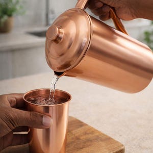 May include: A copper pitcher pouring water into a copper cup. The pitcher has a handle and a lid. The cup is sitting on a wooden cutting board. The background is a kitchen setting.
