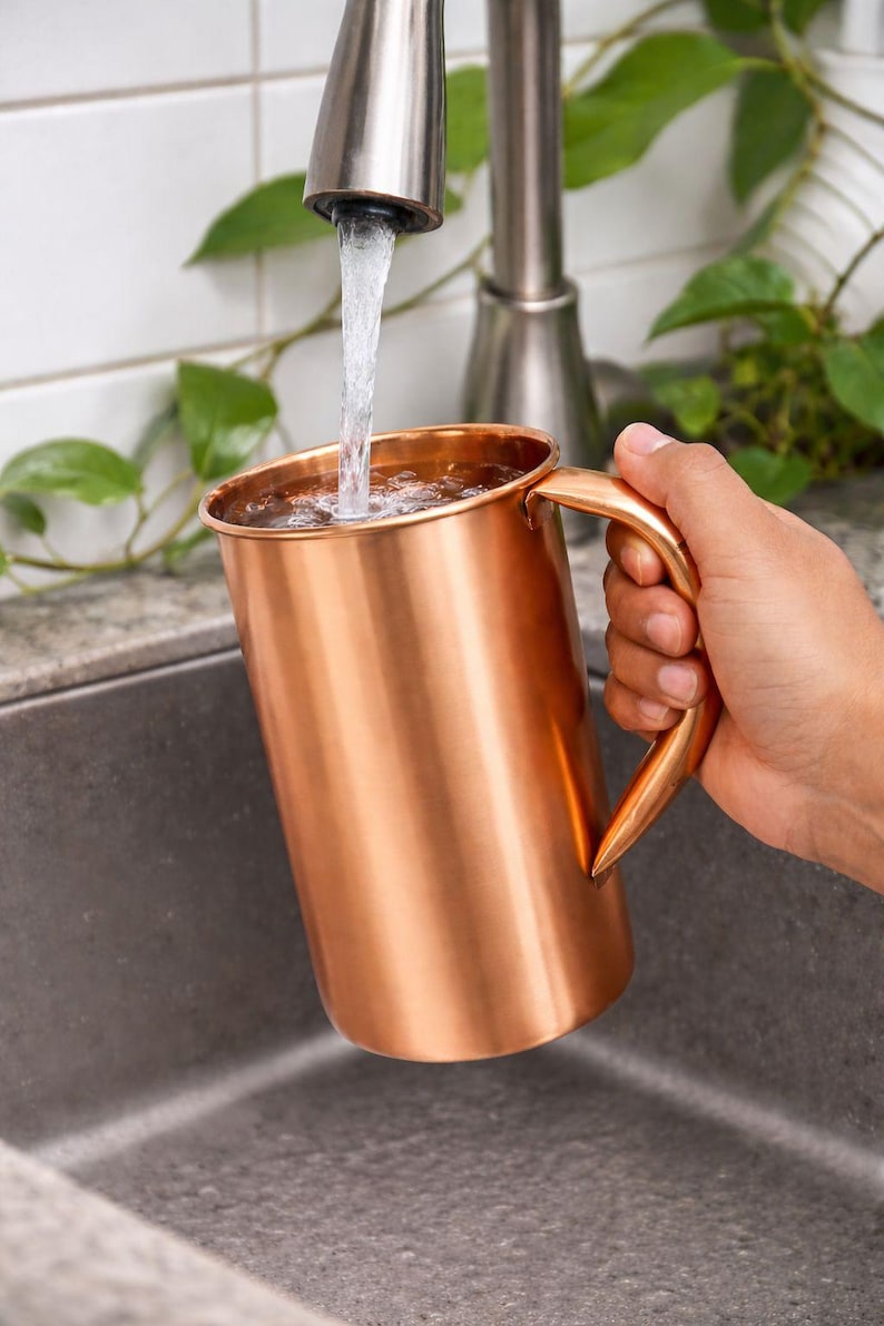 May include: A copper pitcher with a curved handle is held under a faucet as water fills it. The pitcher has a shiny, metallic finish. The background includes a stainless steel faucet, a sink, and green leafy plants.
