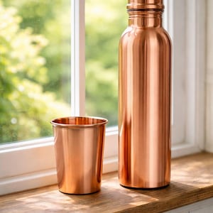 100% Pure Copper Water Bottle 34 oz Copper Water Vessel Copper Gift Set Ayurvedic Copper Bottle 1 Liter Copper Bottle with Tumblers 250 ml