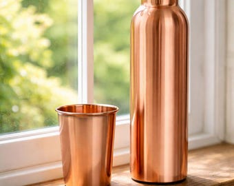 Botella de agua de cobre 100 % puro de 34 oz, recipiente de cobre para agua, juego de regalo de cobre, botella de cobre ayurvédica de 1 litro, botella de cobre con vasos de 250 ml