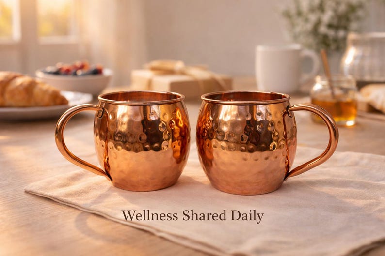 May include: Two copper Moscow Mule mugs with hammered texture and curved handles sit on a white cloth. The mugs are in focus, with a blurred background of a table setting, including a plate of food and the text "Wellness Shared Daily".