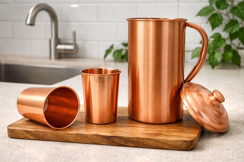 May include: A copper pitcher with a handle, a lid, and two copper cups sit on a wooden cutting board. The pitcher and cups have a shiny, metallic finish. The kitchenware is displayed in a well-lit setting.