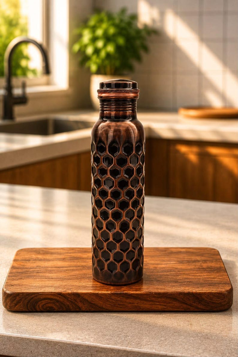 K&ouml;nnte beinhalten: Eine zylindrische Wasserflasche aus Kupfer mit einem dunklen, gepr&auml;gten Wabenmuster auf dem K&ouml;rper. Die Flasche hat einen glatten, abgerundeten Hals und einen passenden Kupferdeckel mit einem texturierten, geriffelten Rand.
