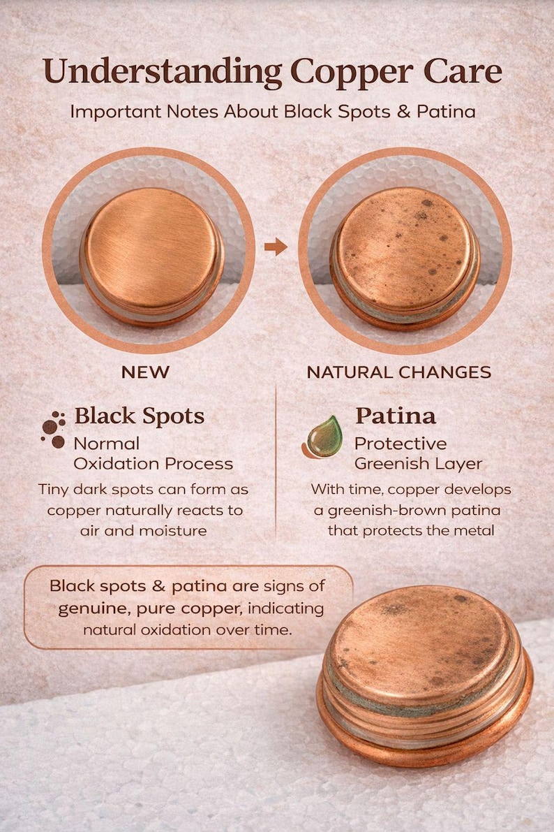 May include: An educational graphic about copper care, showing the effects of oxidation. The text explains black spots and patina, with examples of new and aged copper. The image includes a stack of copper pieces.
