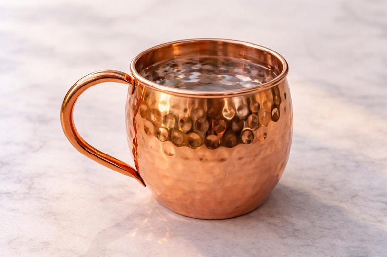 May include: A copper Moscow Mule mug with a hammered texture and a curved handle. The mug is filled with a clear liquid, likely a cocktail. The copper has a warm, reddish-brown hue, and the mug sits on a light-colored surface.