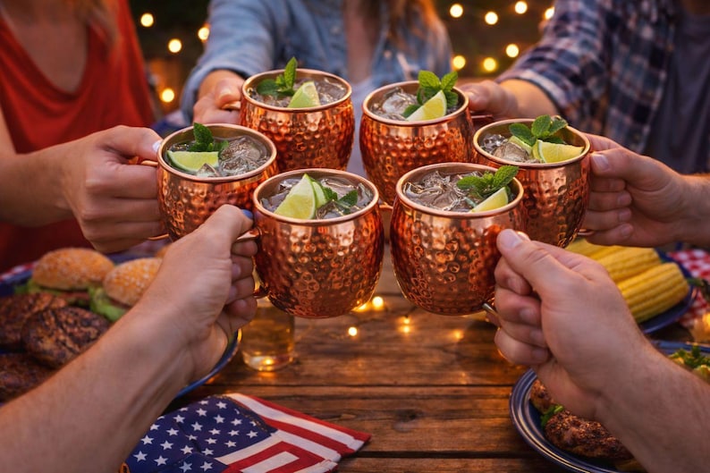May include: Six copper Moscow Mule mugs filled with ice, lime wedges, and mint sprigs are raised in a toast. The mugs have a hammered texture and are held by people at an outdoor gathering. Food and an American flag are visible.