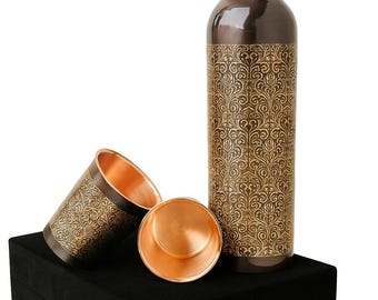 Engraved Copper Water Bottle Set: Floral Ayurvedic Drinkware