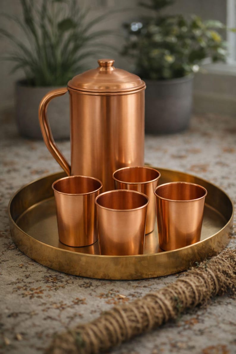 May include: A copper tea set, including a lidded pitcher with a curved handle and four small cups, sits on a round brass tray. The set is displayed on a patterned surface, suggesting a kitchen or dining setting.