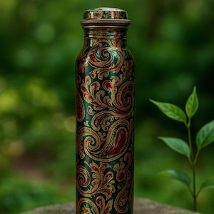 May include: A green water bottle with a paisley design in red and gold. The bottle is cylindrical with a matching lid. The background is a blurred green, with a few green leaves in the foreground.