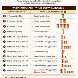 May include: A product variation chart with options for copper tumblers, bottles, and pitchers. The chart includes a list of options, such as "1 Tumbler" and "Bottle with 4 Glass", and what the customer receives. The text "SELECT YOUR OPTION" is at the top.