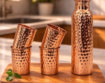 Handmade Hammered Copper Water Bottle 100% Ayurveda Hammered Copper, 1 Liter Pure Copper Water Bottle with Hammered Texture, Copper Gift Set