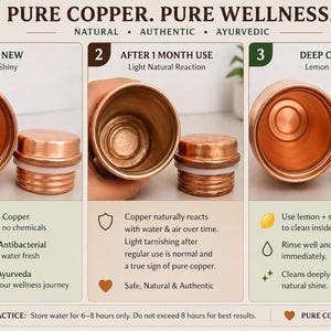 May include: A copper water bottle and lid set, displayed in three stages: new, after one month of use, and after cleaning. The bottle is a shiny, reddish-brown color. The lid has a white ring. The text on the image says "Pure Copper. Pure Wellness."