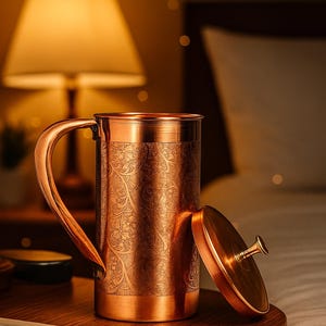 100% Pure Copper Water Pitcher – Handmade Engraved Jug with Lid – Ayurvedic Wellness – 1.5 Liter – Leak-Proof, Eco-Friendly, Made in India