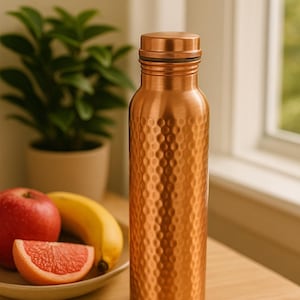 May include: A copper-colored water bottle with a textured, dimpled surface. The bottle is cylindrical with a screw-on cap. A red apple, a banana, and a grapefruit slice are on a plate next to the bottle. A potted plant is in the background.