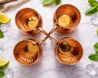 Pure Copper Mugs Set of 2 4 6 8 | Handmade Hammered Moscow Mule Cups | Ayurvedic Copper Drinkware Gift