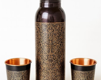 Engraved Copper Water Bottle Set | Ayurvedic Wellness Gift