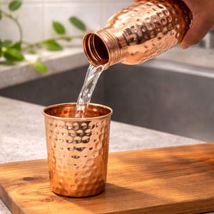Botella de agua Ayurveda 100% de cobre martillado puro de 1 litro, hecha a mano, para beber agua, jarra de cobre con beneficios para la salud. imagen 11