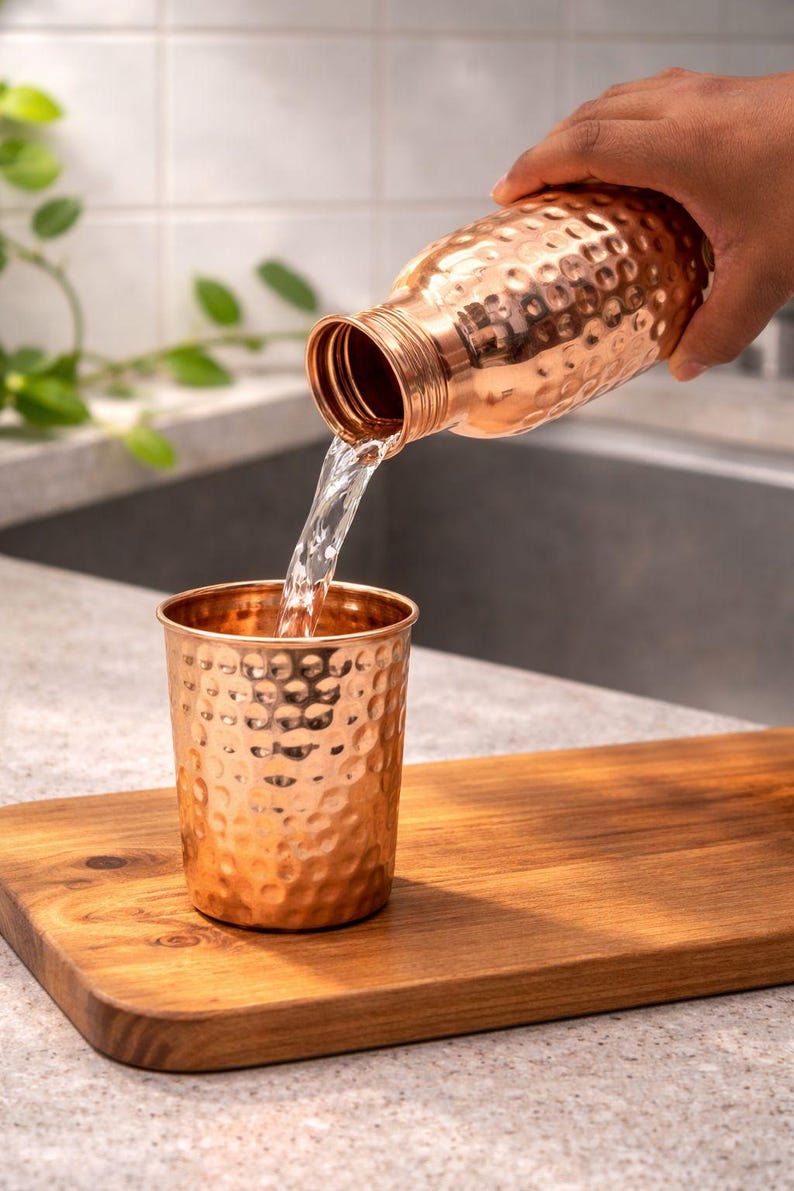 Botella de agua Ayurveda 100% de cobre martillado puro de 1 litro, hecha a mano, para beber agua, jarra de cobre con beneficios para la salud. imagen 11