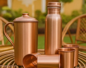 Handmade Pure Copper Jug with Glasses: Ayurvedic Hydration Copper Pitcher with Tumblers Copper Pitcher Handmade 1.5L and Tumblers 250ml Each