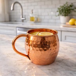 May include: A copper Moscow Mule mug filled with a refreshing drink and lemon slices. The mug has a hammered texture and a curved handle. The drink is set on a marble countertop in a kitchen setting.