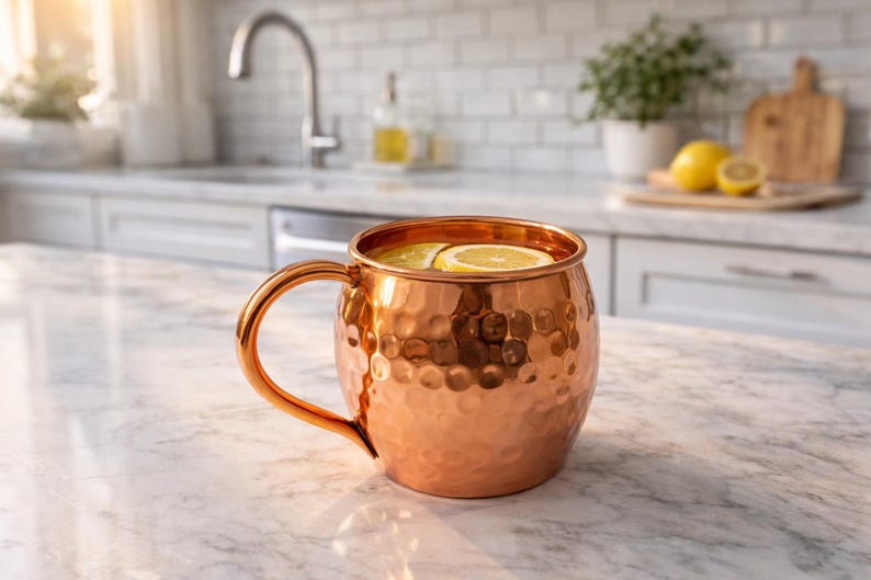 May include: A copper Moscow Mule mug filled with a refreshing drink and lemon slices. The mug has a hammered texture and a curved handle. The drink is set on a marble countertop in a kitchen setting.