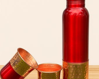 Handmade Red Copper Water Bottle Set: Ayurvedic Drinkware with Tumblers