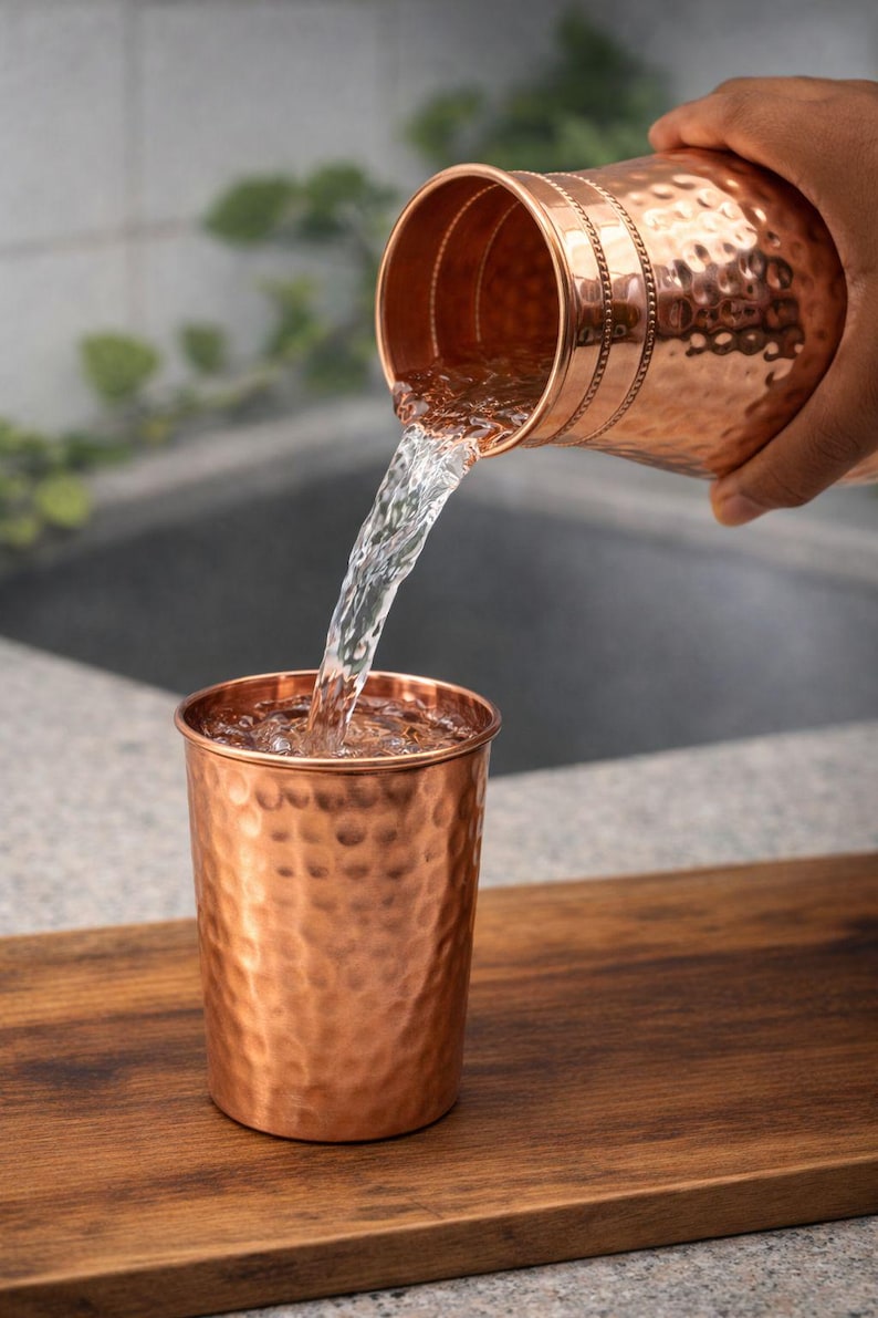 Botella de agua Ayurveda 100% de cobre martillado puro de 1 litro, hecha a mano, para beber agua, jarra de cobre con beneficios para la salud. imagen 5