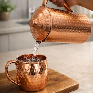Reiner Kupferkrug mit Moskauer Maultierbechern Gehämmerter Kupferkrug 1.5L und 2 Bechern 300ml Jedes ayurvedische Trinkkupfer-Geschenkset Zum Trinken