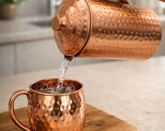 Pure Copper Jug with Moscow Mule Mugs Hammered Copper Pitcher 1.5L and 2 Mugs 300ml Each Ayurvedic Hydration Copper Gift Set For Drinking