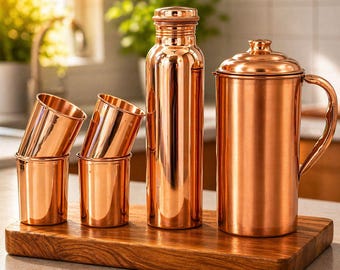 May include: A set of polished copper drinkware consisting of a tall water bottle with a screw-top lid, a large pitcher with a handle and lid, and four matching tumblers. The items are arranged together on a rectangular wooden serving board.