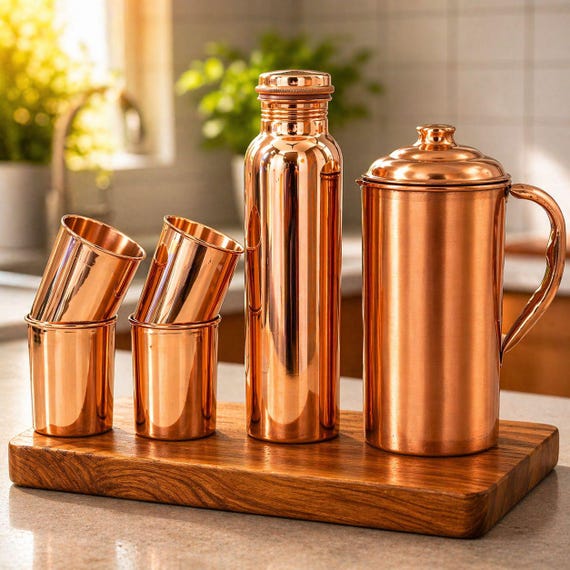 Ayurveda 100% Pure Copper Bottle 1L Handmade Copper Water Bottle Leak-Proof Ayurvedic Health Bottle Tamra Jal Wellness Bottle Copper Carafe