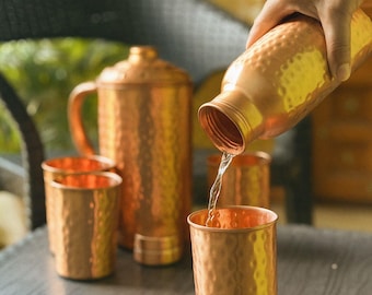 Handmade Hammered Copper Water Set | Ayurvedic Jug, Bottle and 4 Tumblers – Pure Copper Drinkware & Wellness Gift for Home