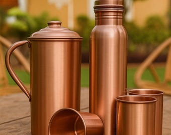 Handcrafted Pure Copper Drinkware Set – Ayurvedic Water Bottle, Jug and Tumblers | Eco-Friendly Wellness & Kitchen Gift
