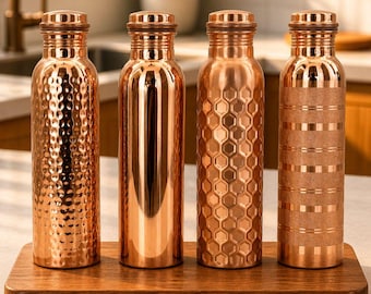Ayurveda 100% Pure Copper Water Bottle 1L – Handmade Leak-Proof Copper Bottle for Drinking Water Ayurvedic Bottle Heavy Gauge Copper Carafe