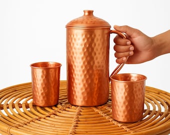 Handcrafted Hammered Copper Jug Set: Ayurvedic Drinkware