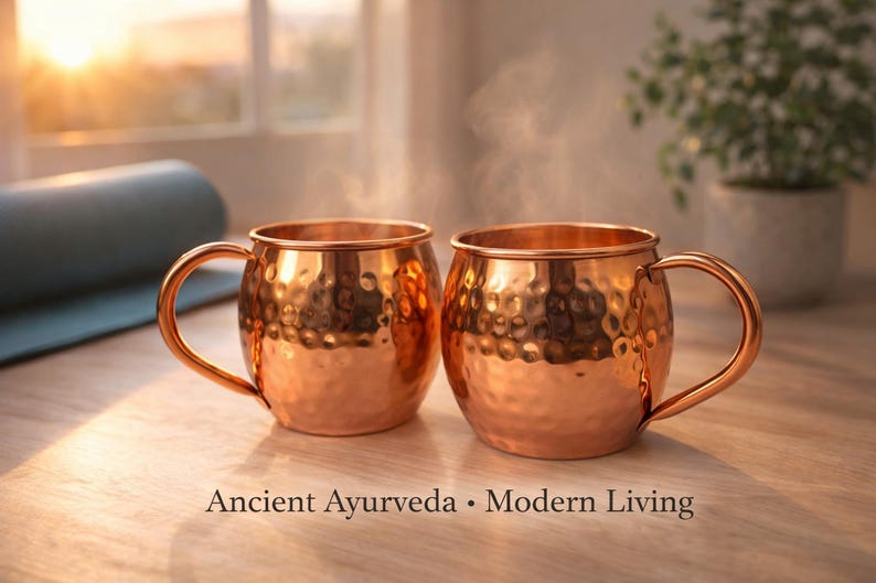 May include: Two copper mugs with a hammered texture, each with a curved handle. Steam rises from the mugs, suggesting a hot beverage. The text "Ancient Ayurveda &bull; Modern Living" is visible.